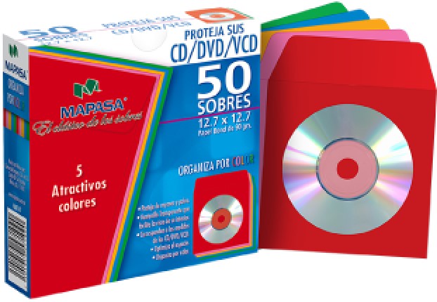 Sobre Bolsa para CD/DVD c/Venta caja c/50 90g Colores(5) 12.7×12.7 Mapasa® HA0147 7501454571090