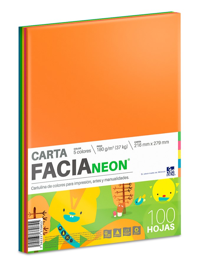 Cartulina Fluorescente Facia Neón paquete c/100 90kg Colores Neón(5) Carta 180g Copamex® Cien hojas