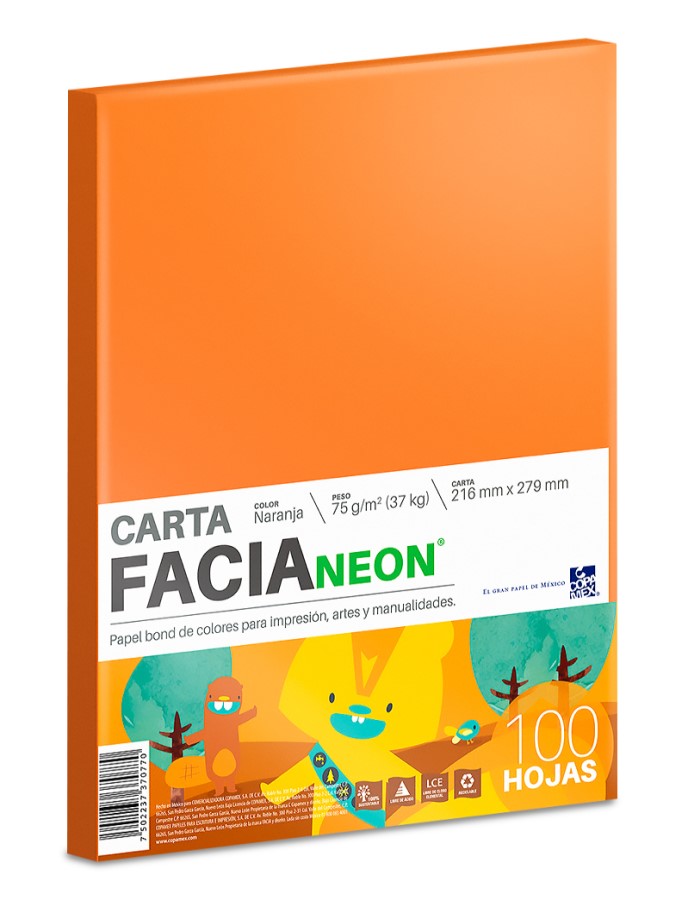 Papel Bond Color Facia Neón pack c/100 37kg Naranja Neón Carta 75g Copamex® Cien hojas 7502237370770