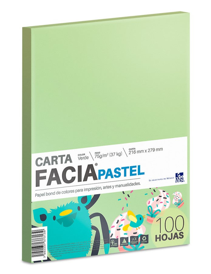 Papel Bond Color Facia Pastel pack c/100 37kg Verde pastel Carta 75g Copamex® Cien hojas 75022373731