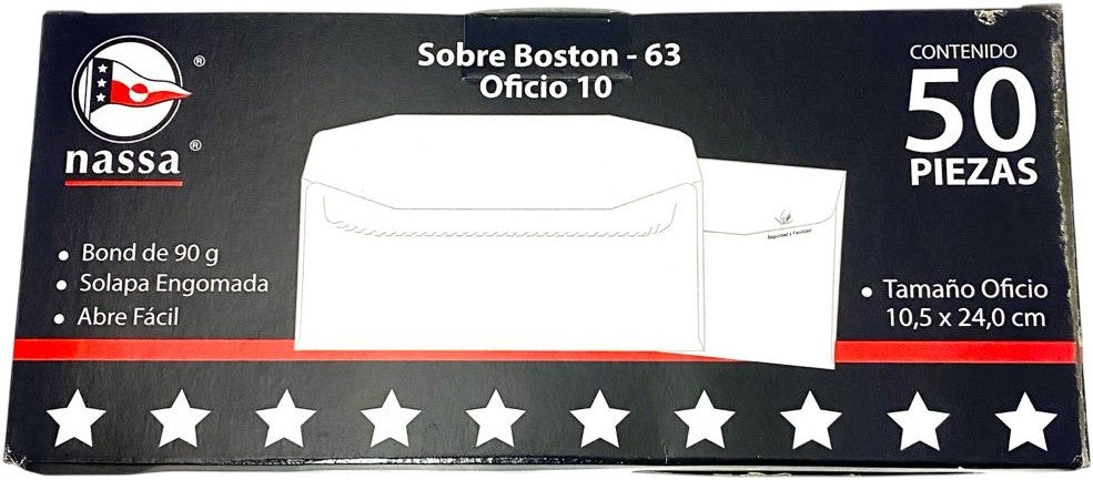 Sobre Boston caja c/50 63kg Blanco Bond Oficio 10 Nassa® HA0207 7501523723702