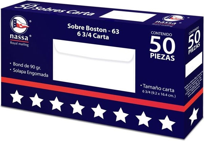 Sobre Boston caja c/50 63kg Blanco Bond Carta 6¾ Nassa® HA0206 7501523723696
