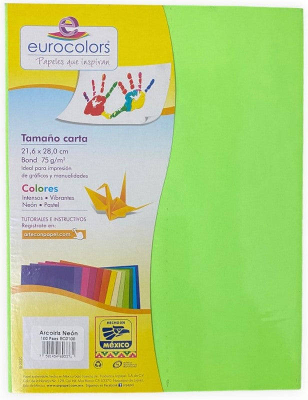 Papel Bond Color Eurocolor pack c/100 Neón (5) Carta eurocolors EC0100 Cien hojas 7501454603371 01