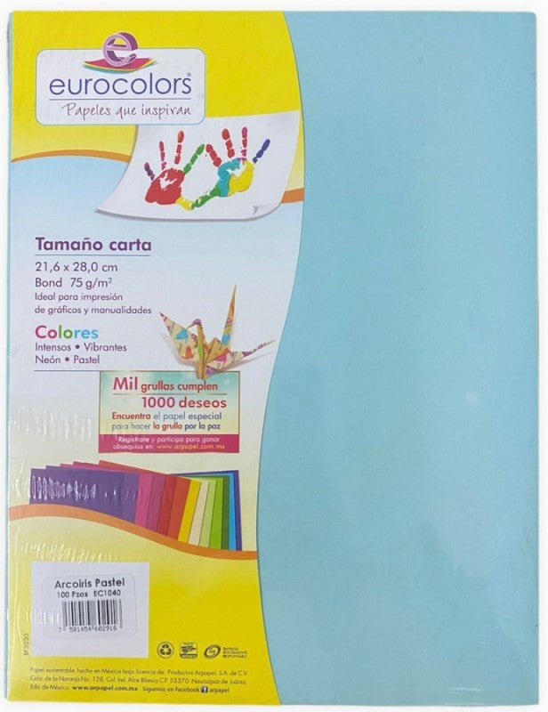 Papel Bond Color Eurocolor pack c/100 Pastel (5) Carta eurocolors EC1040 Cien hojas 7501454602916 01