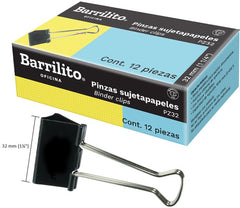 Broche Sujeta Papel Binder Clip c/12 Negro 32mm 1¼" Barrilito® PZ32 Caja 7501214908333 01
