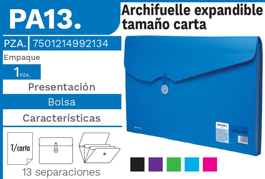 Archifuelle Plástico Expandible 13 Espacios Colores Carta Barrilito® PA13. Pieza 7501214992134