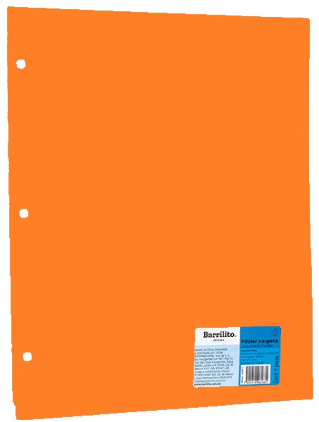 Fólder Plástico p/Carpeta c/Solapa 3 Perforaciones Naranja Carta Barrilito® CNP1. Pieza 750121496164