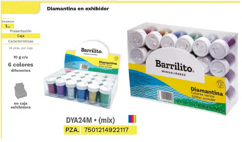 Diamantina Bote 10g Colores c/24 Barrilito® DYA24M Estuche 7501214922117 2
