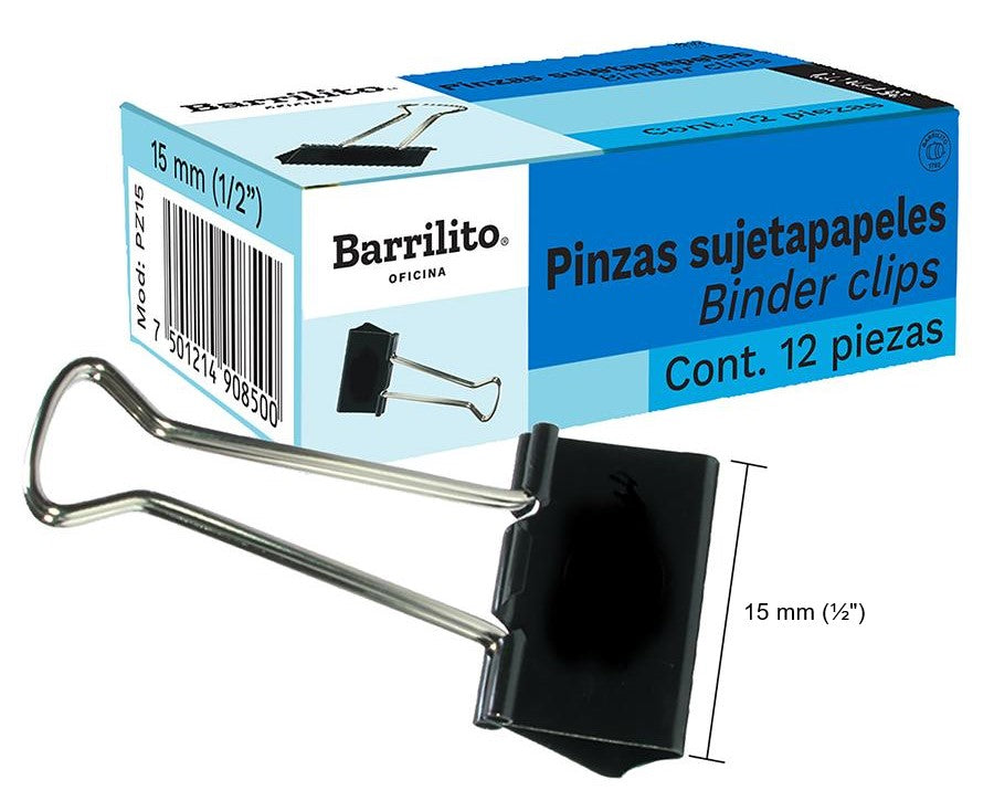 Broche Sujeta Papel Binder Clip c/12 Negro 15mm ½" Barrilito® PZ15 Caja 7501214908500 01