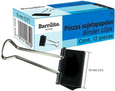 Broche Sujeta Papel Binder Clip c/12 Negro 15mm ½" Barrilito® PZ15 Caja 7501214908500 01