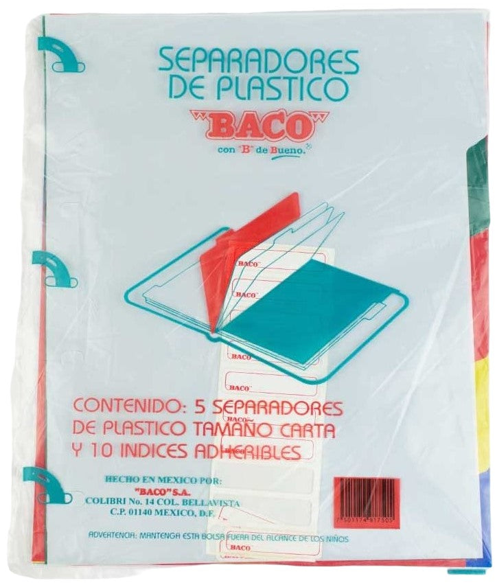 Separador Hojas p/Carpeta Plástico c/5 Colores Carta Baco® CV091 Bolsa de plástico 7501174917505 01