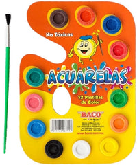 Acuarelas en Cartón Paleta Cartón c/Pincel Colores c/12 Baco® AC002 Pieza 7501174967517 01