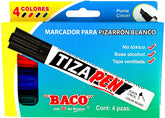 Marcador p/Pizarrón Tizapen Barril Aluminio Colores Est.c/4 Baco® MR024 Estuche 7501174999150 01