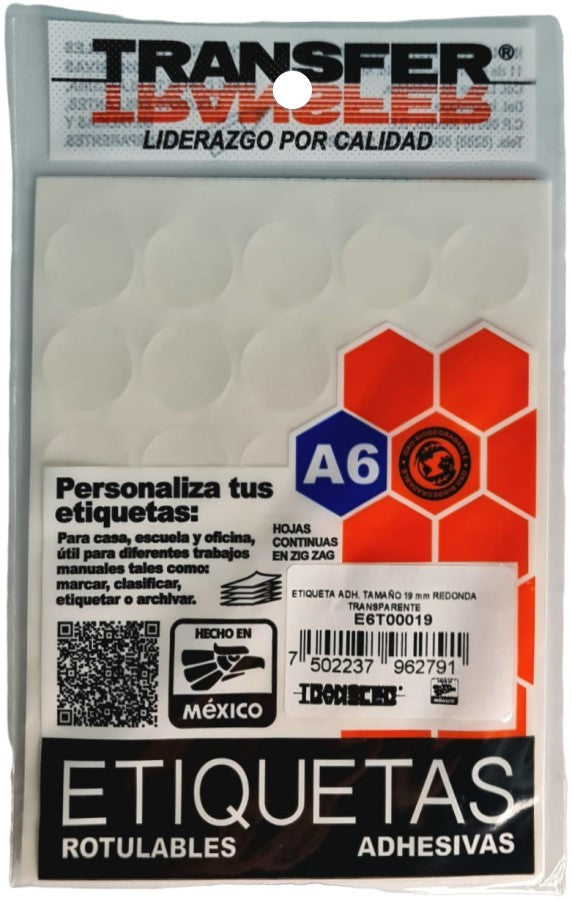Etiqueta Adhesiva Circulo c/90 o Transparente 19mm TRANSFER® E6T00019 Bolsa 7502237962791