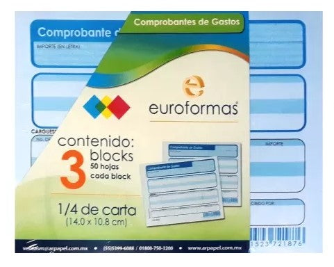 Block Comprobante Gastos paquete c/3 50 hojas ¼ Carta euroformas® ER0101 7501523722958