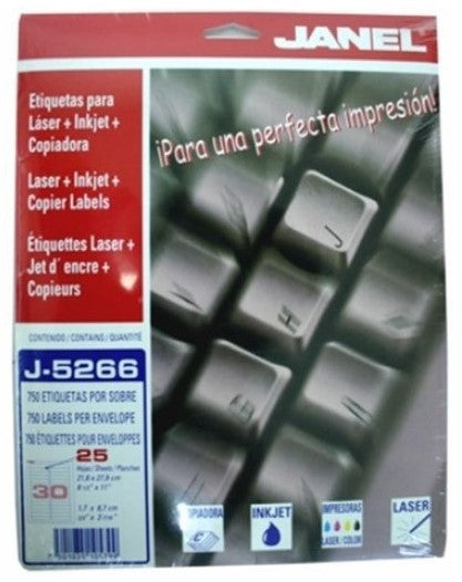 Etiqueta p/Impresora Fólder c/750 30 × Hoja 25hjs Blanco 2/3×3-7/16 Janel® J-5266 Sobre 750103510579