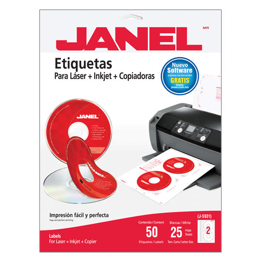 Etiqueta p/Impresora c/50 2 × Hoja 25hjs Blanco CD-DVD Janel® J-5931 Sobre 7501035105850 01