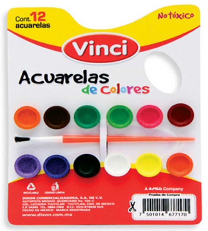 Acuarelas en Cartón Paleta c/Pincel Colores c/12 Vinci® 2497 Pieza 7501014620022 01