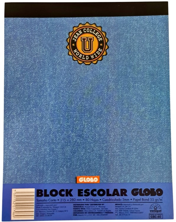 Block Carta Escolar Globo Jean College WW 80 hojas Cuadro 5mm Venepal® Pieza 7591152017969 01