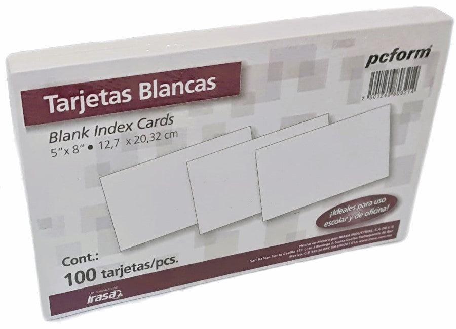 Tarjeta Índice Blanca pcform® c/100 Blanco 5×8" Irasa® 0321 Paquete 7501249803214