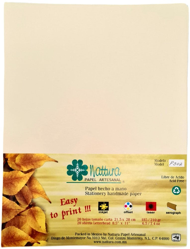 Papel Hecho a Mano Crema 185g c/20 Hojas Carta Nattura® PEX1+302 Paquete 01