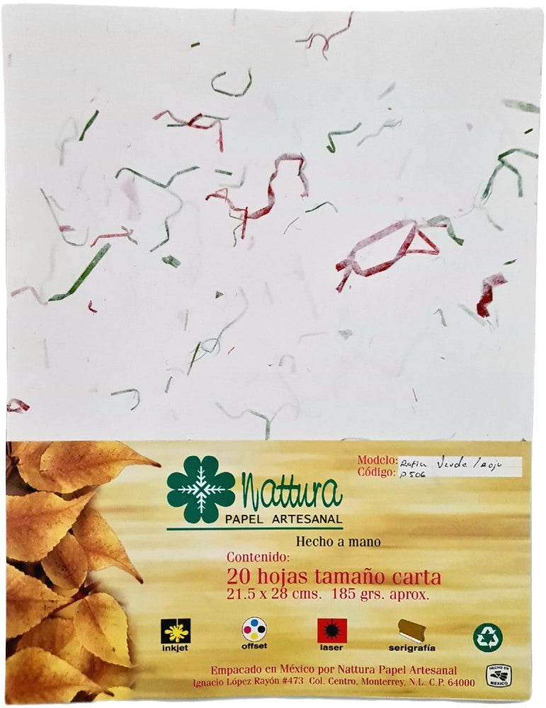 Papel Hecho a Mano Blanco c/Rafia Verde-Roja 185g c/20 Hojas Carta Nattura® PEX1+506 Paquete 01