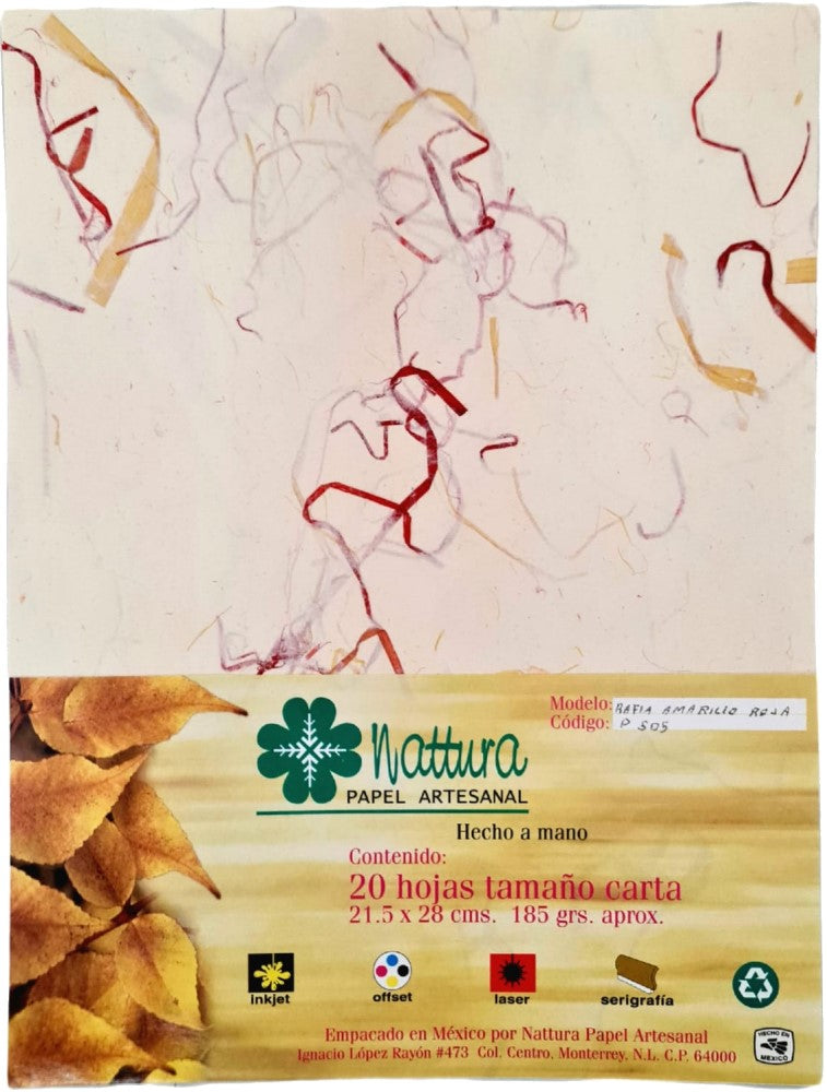 Papel Hecho a Mano Crema c/Rafia Rojo-Amaril 185g c/20 Hojas Carta Nattura® PEX1+505 Paquete 01
