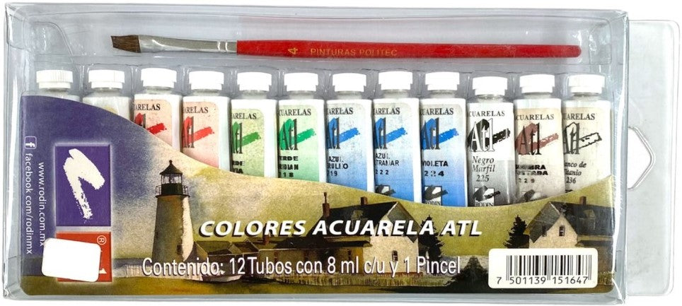 Pintura Acuarela Estuche c/Pincel 8ml Colores c/12 tubos Atl® Estuche 7501139151647