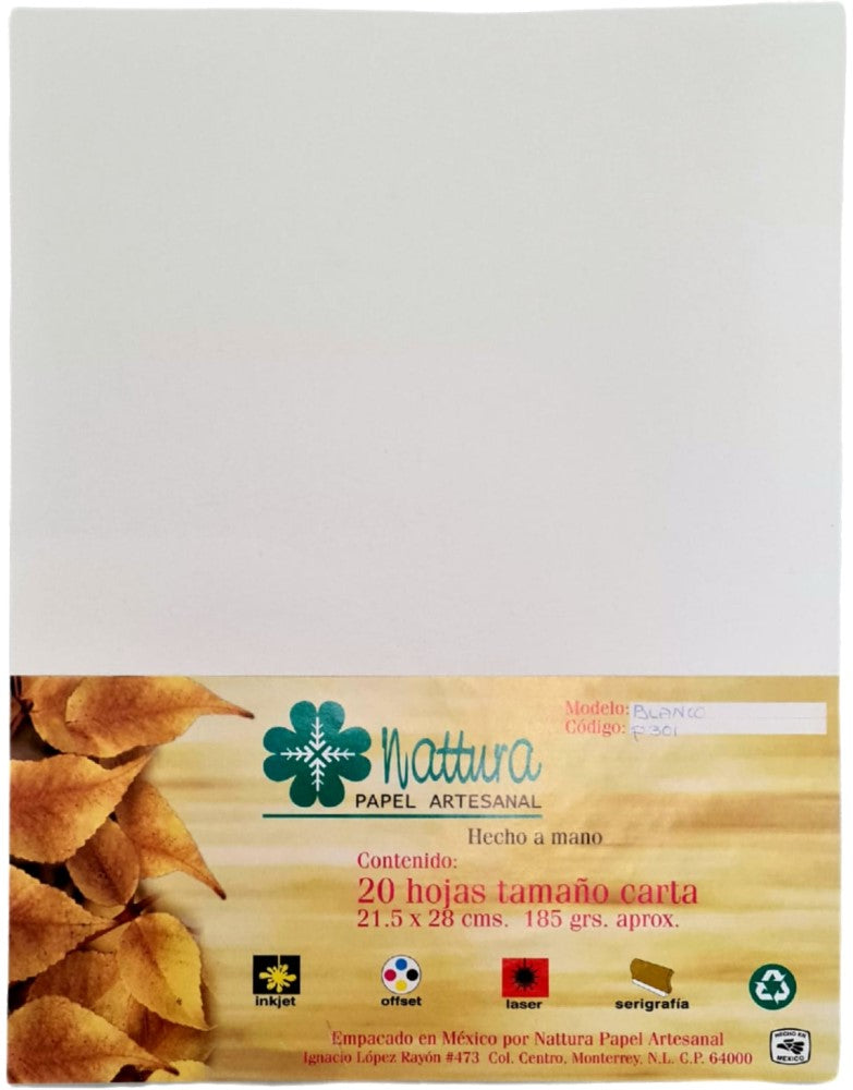 Papel Hecho a Mano Blanco 185g c/20 Hojas Carta Nattura® PEX1+301 Paquete 01