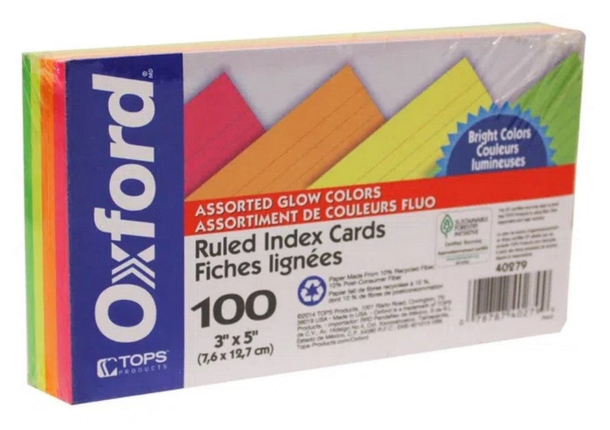 Tarjeta Índice Rayada Paquete c/100 Colores Neón(4) 3×5" Oxford® 40279 Paquete 78787402799 01