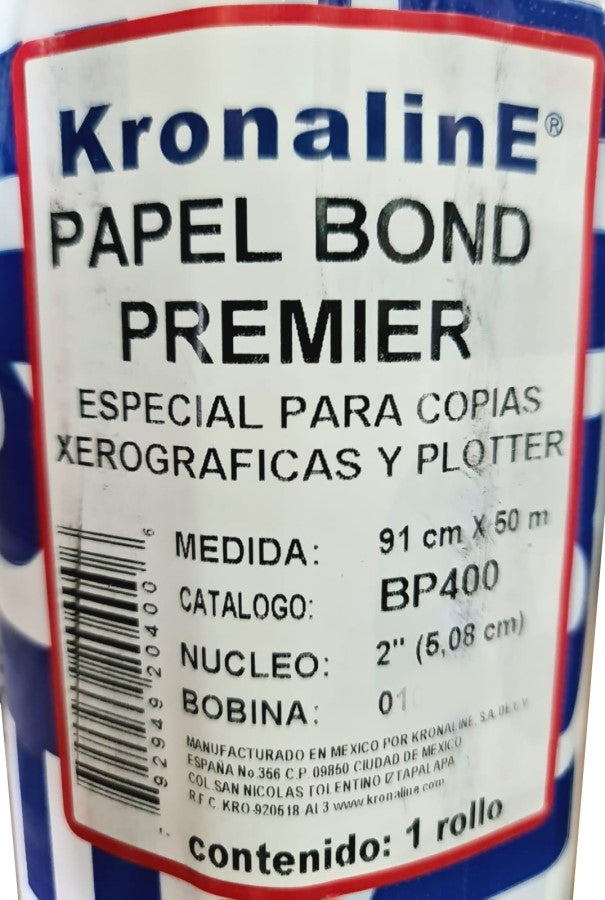 Bond Rollo p/Plotter Premier 75 g/m² N/2" Blanco 100° .91×50m KronalinE® BP400 Rollo 792949204006 02