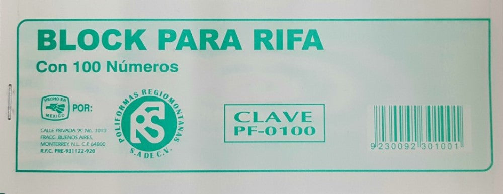 Block Boletos p/Rifa c/Folio c/100 7.2×21.5cm Poliformas® PF-0100 [Pieza] 9230092301001 Imagen principal del producto