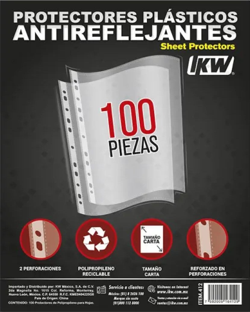 Mica Protectora p/carpeta 3 perforaciones c/100 Transparente Carta IKW® 412 [Bolsa] 7502005164129