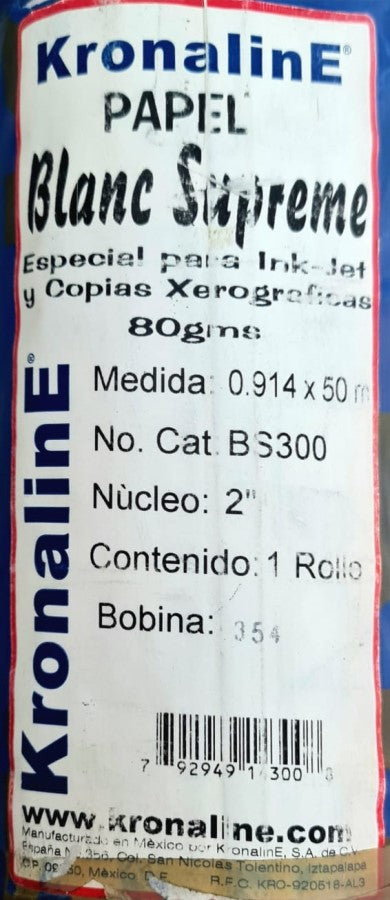 Bond Rollo p/Plotter Supreme Ink-Jet 80 g/m² N/2" Blanco .914×50m KronalinE® BS300 [Rollo] 792949143008 Imagen principal del producto