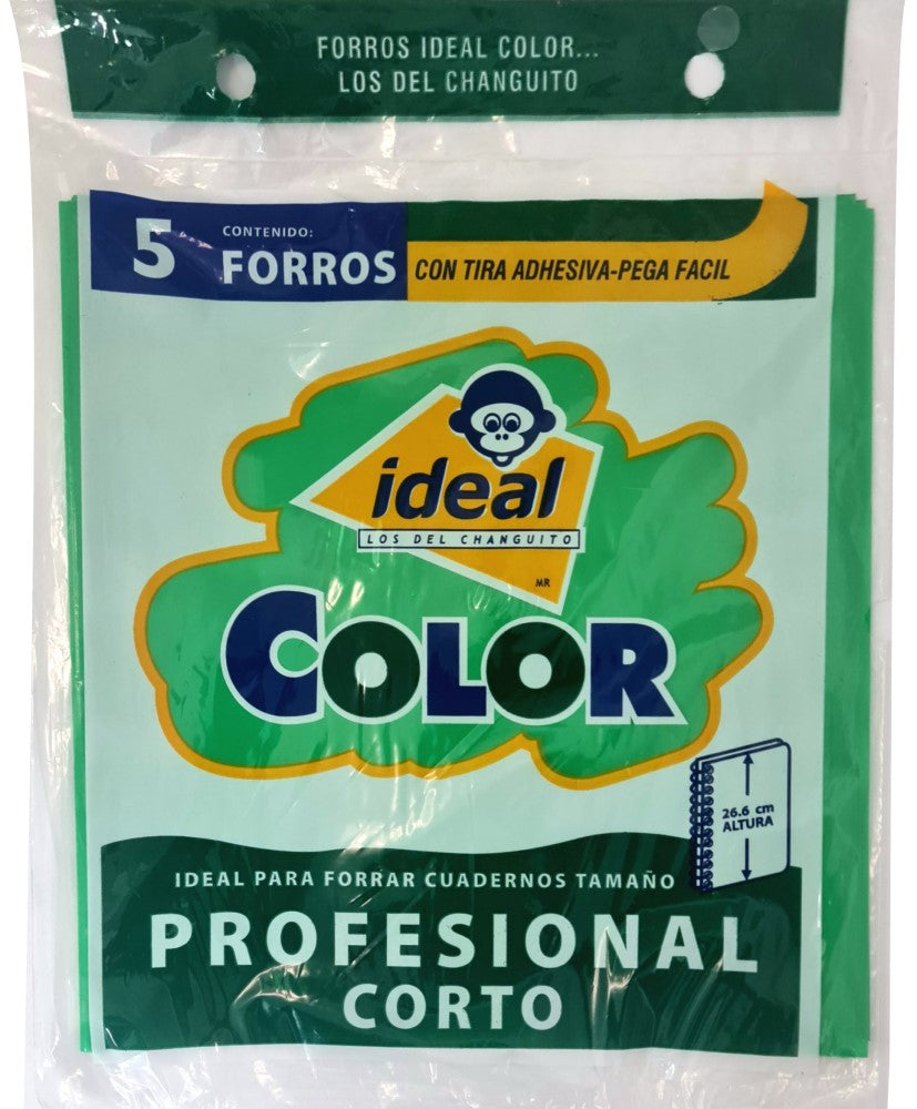 Forro p/Cuaderno Polietil Profesional Corto Cal.400 c/5 Verde 26.5cm Ideal® 4037 Bolsa 7501082140378