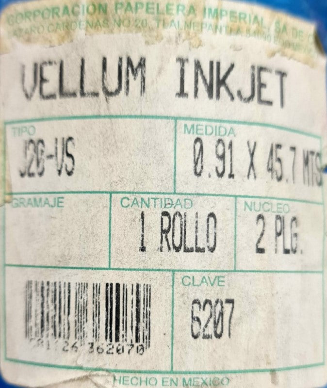 Papel Vegetal Rollo Vellum InkJet 90/95 g/m² N/2" .91×45.7m Imperial® 6207 J20-VS [Rollo] 7501126362070