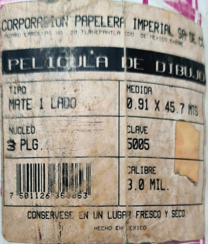 Película Poliéster Rollo Calibre.003" 1/cara N/3" Mate .91×47.5m Imperial® 5005 [Rollo] 7501126350053