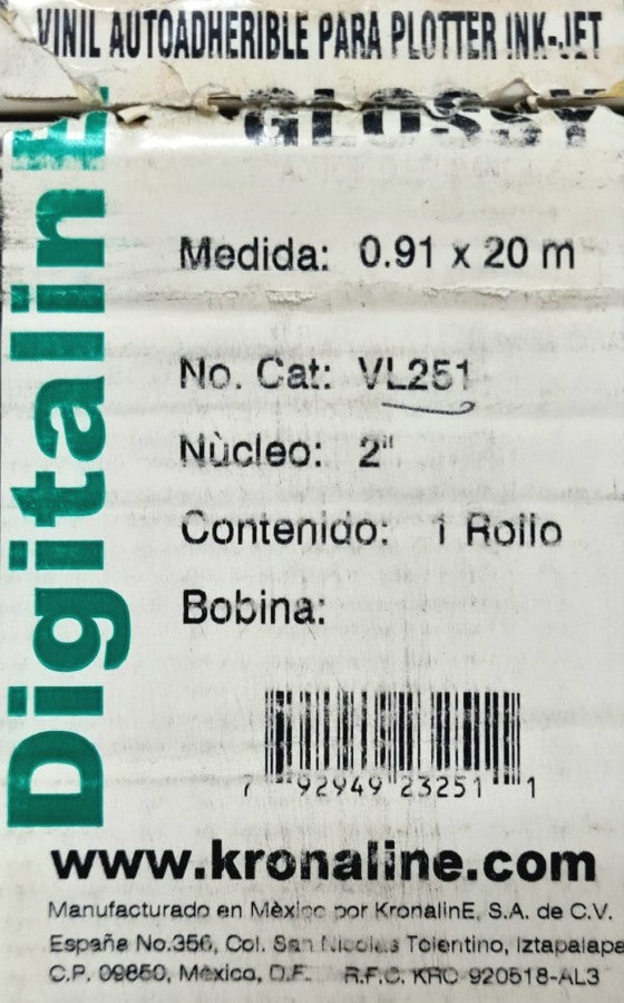 Vinil Rollo Leer Nota Inkjet Glossy N/2" .91×20m KronalinE® VL251 [Rollo] 792949232511