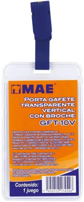 Gafete c/Caimán Vertical Transparente 5.5×9cm MAE® GFT-10V Pieza 7502212174546