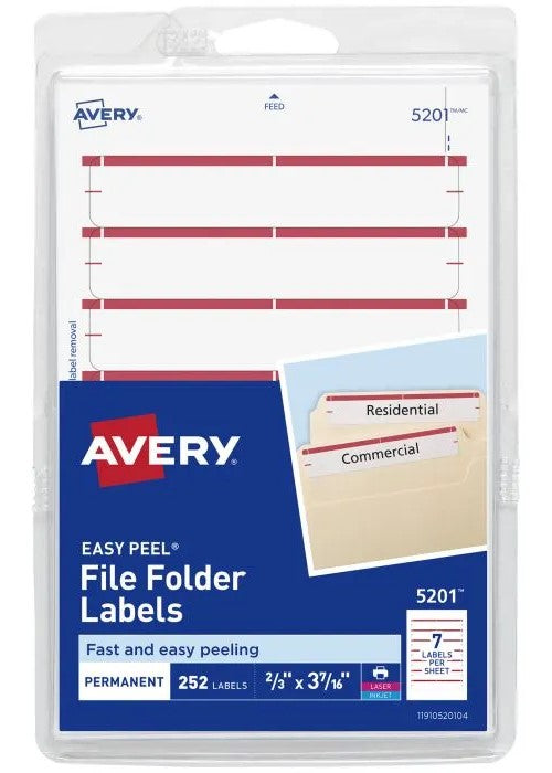 Etiqueta p/Impresora Fólder c/252 7 × Hoja 36hjs Blanco-Rojo 2/3×3-7/16 Avery® 5201 [Pieza]
