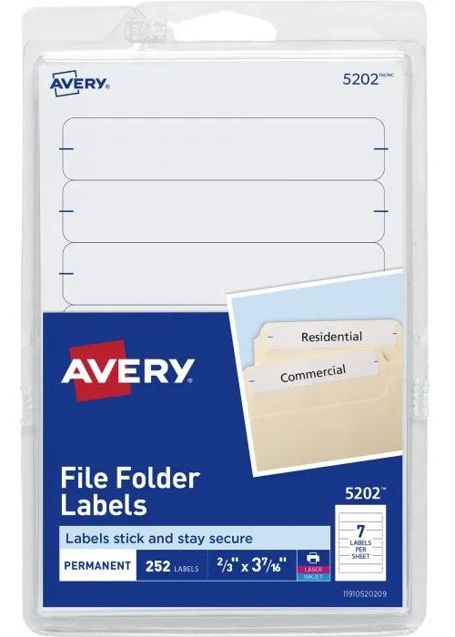 Etiqueta p/Impresora Fólder c/252 7 × Hoja 36hjs Blanco 2/3×3-7/16 Avery® 5202 [Pieza]