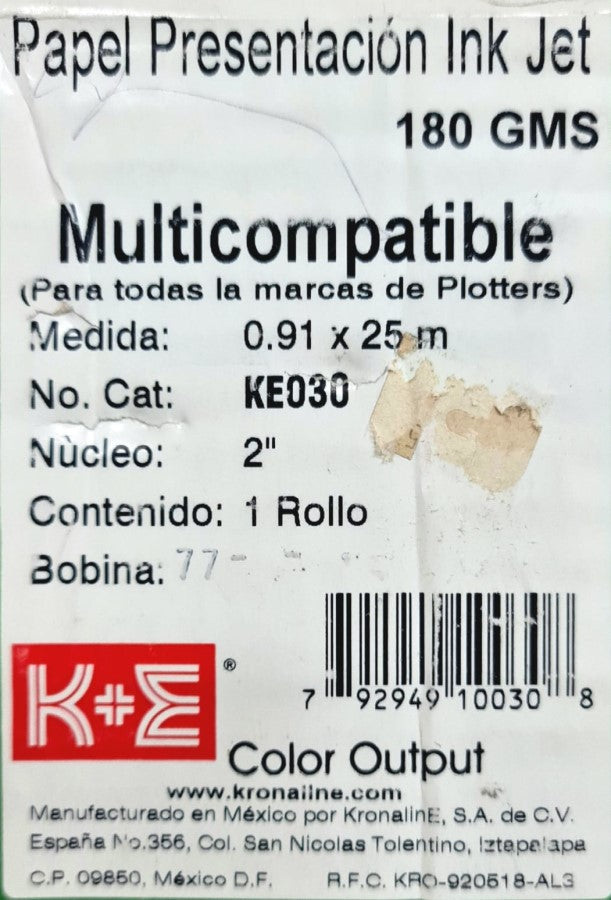 Papel Recubierto Rollo Ink-Jet K+E 180 g/m² Mate .91×25m KronalinE® KE030 [Rollo] 792949100308