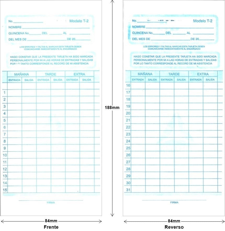 Tarjeta p/Reloj Checador T-2 Quincenal 188×84mm Amano® T-2 [Pieza]