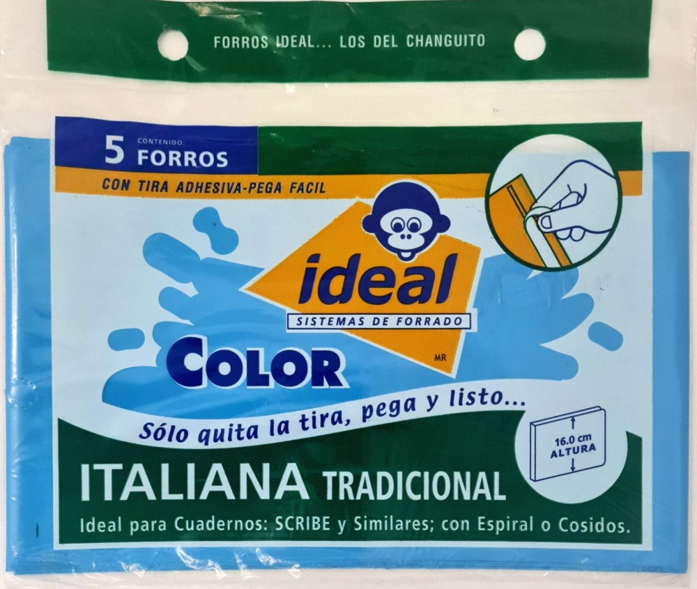 Forro p/Cuaderno Polietil F/ItalianaTradici.Cal.400 c/5 Celeste 16cm Ideal® 4084 Bolsa 7501082140842