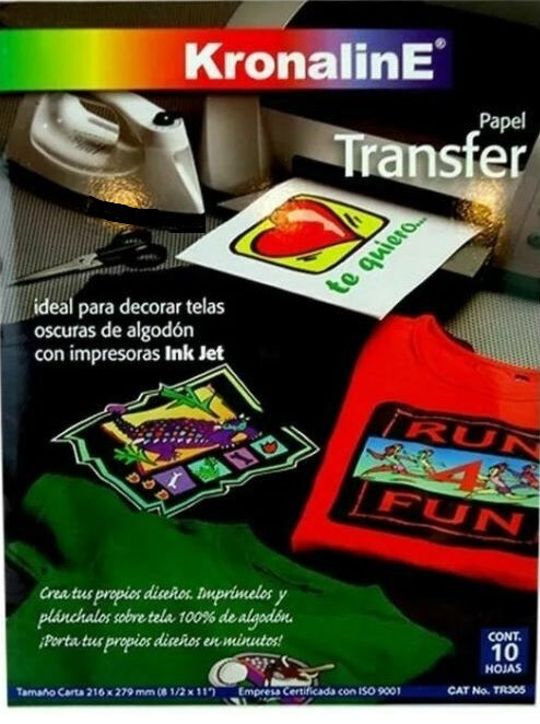 Papel Transfer p/Planchar c/10 Telas Obscuras Carta KronalinE® TR305 [Paquete] 792949053055