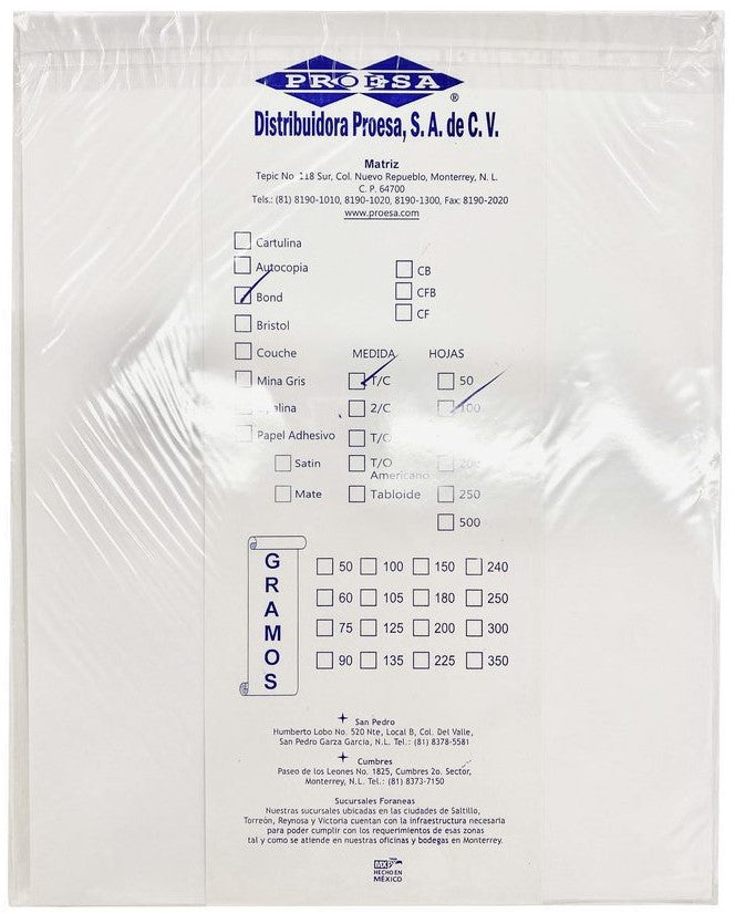 Bond Hojas Pack c/100 Hojas 37kg Blanco Carta 75g Proesa® [Cien hojas] Imagen principal del producto