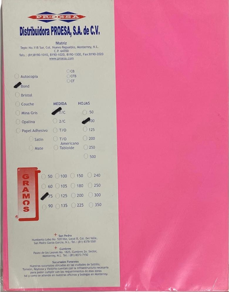 Papel Bond Color c/100 Colores Neón(5) Carta 75g Proesa® [Cien hojas] Imagen secundaria del producto