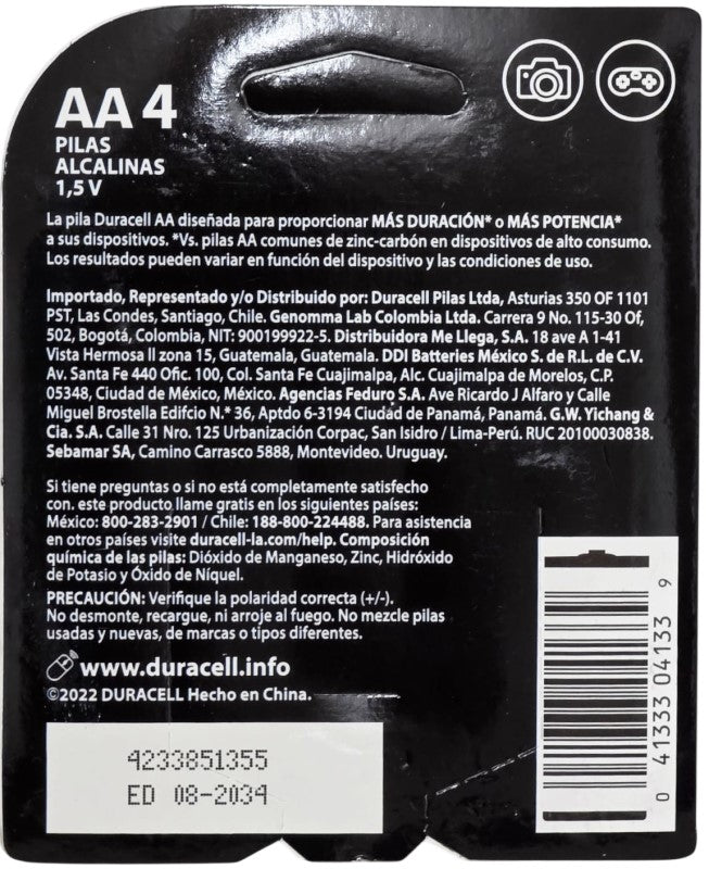 Pila Duracell "AA" c/4 Paquete 41333760643 02