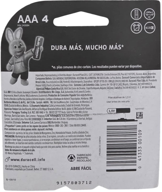 Pila Duracell "AAA" c/4 Paquete 41333001098 02
