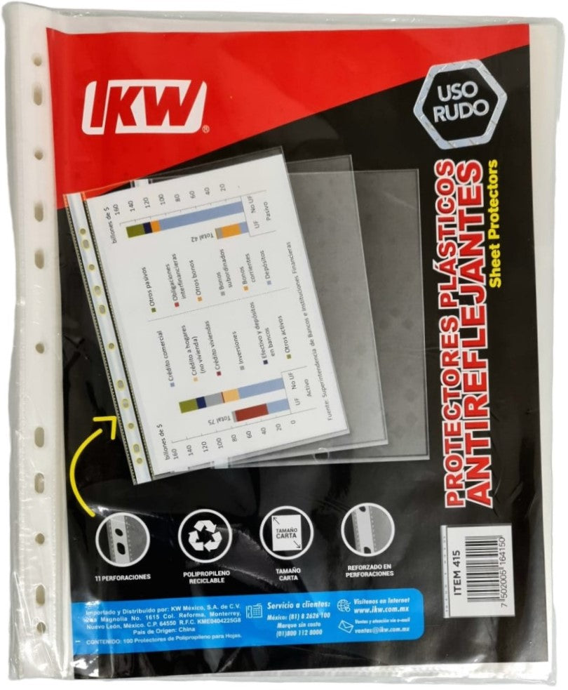 Mica Protectora p/carpeta 3 perforaciones Grueso c/100 Transparente Carta IKW® 415 [Bolsa] 7502005164150 Imagen principal del producto